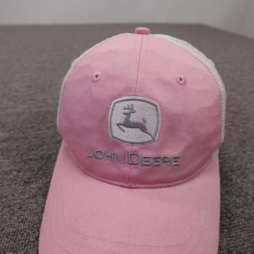 John Deere Hat Cap Snap Back Mens One Size Pink Mesh Trucker Baseball Logo